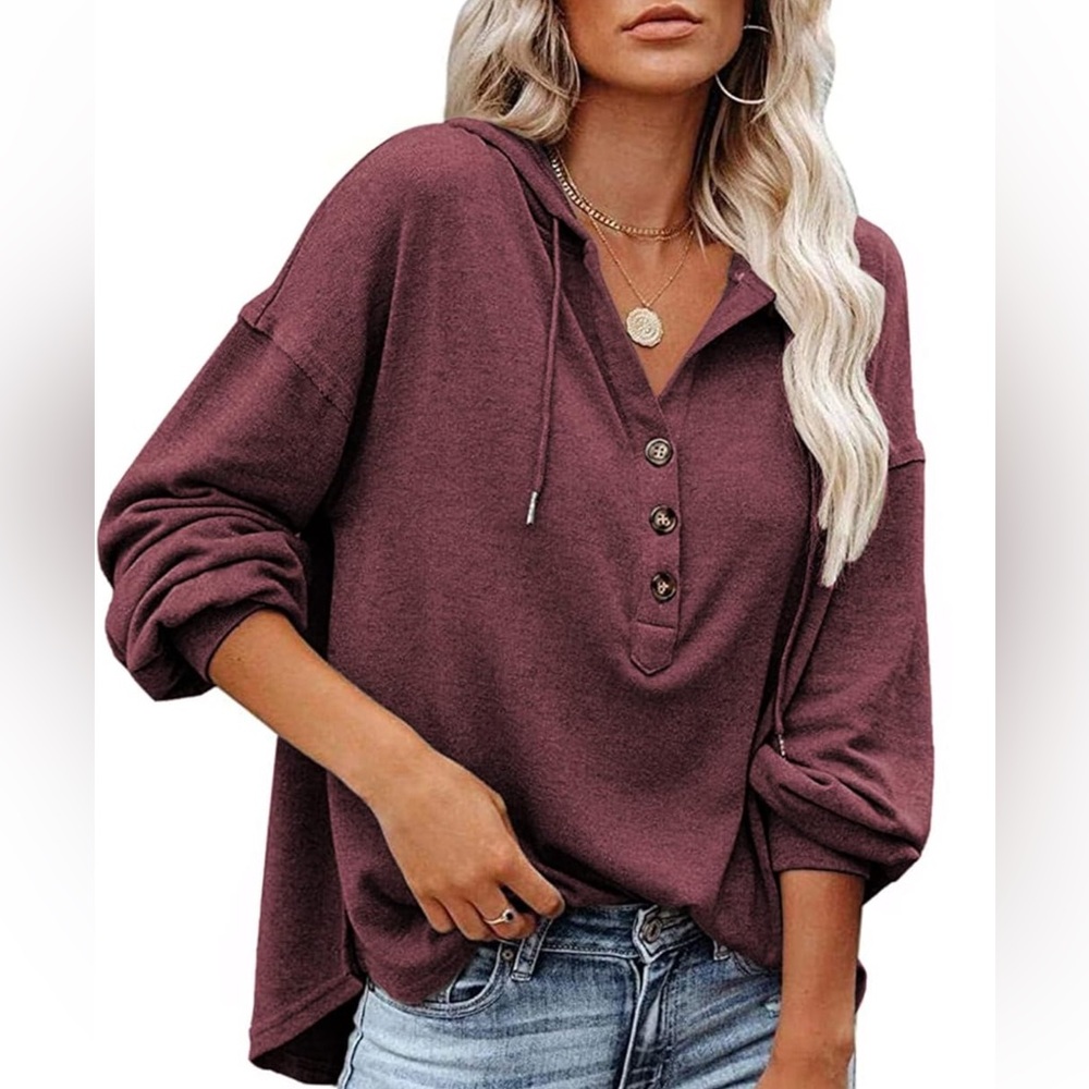 NWT LuckyMore Purple Long Sleeve Hoodie V Neck Button Pullover Tunic Top, Sz 2XL